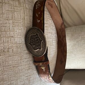 Vintage Levi's Brown Leather Belt/Bronze  Buckle with Nautical stamped design
